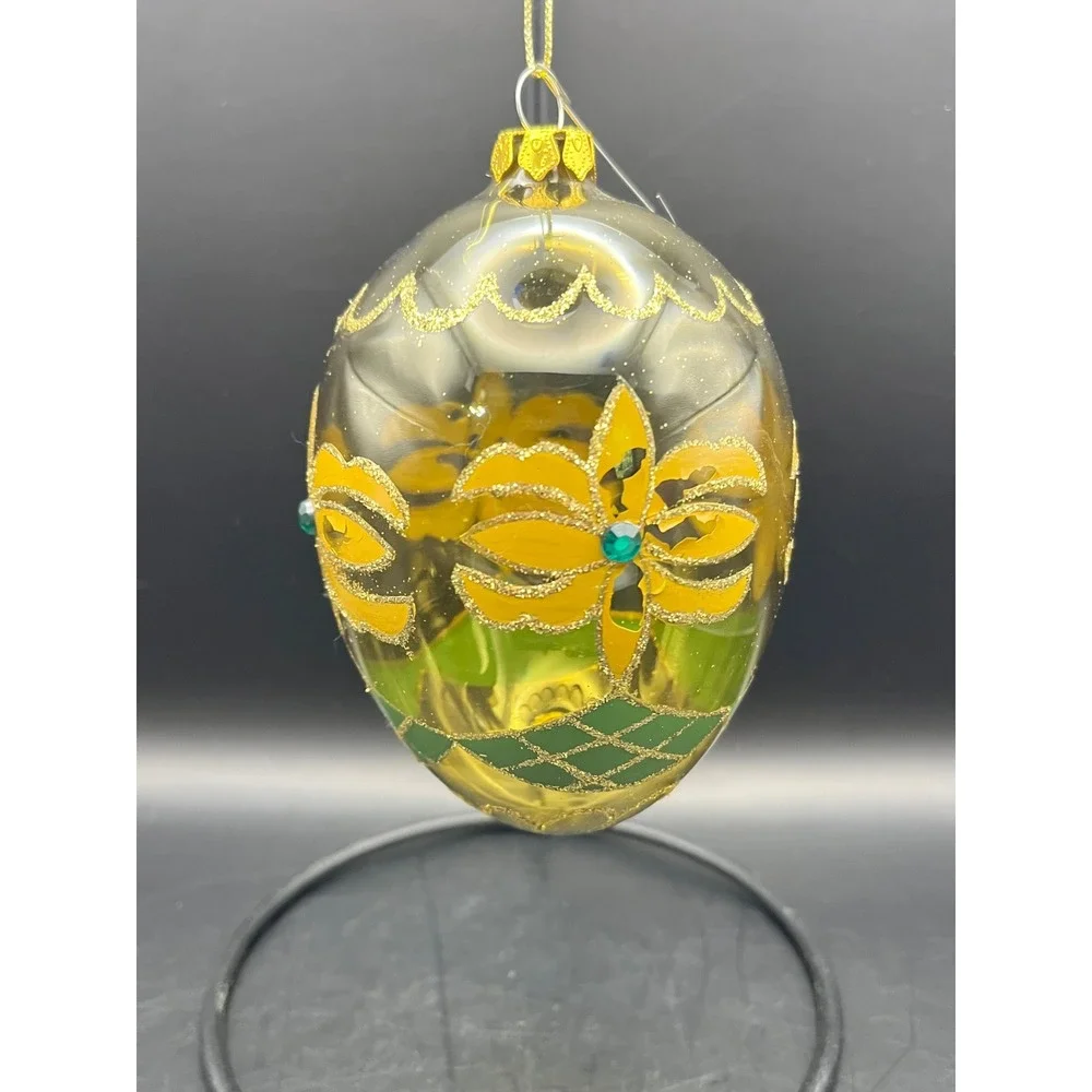 Vtg Hand Blown Egg-Shaped‎ Christmas Ornament Yellow Flowers Glitter Decoration